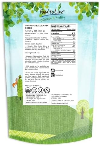 Food to Live - Organic Black Chia Seeds, 2 Pounds - Non-GMO, Whole, Sproutable, Vegan, Kosher, Keto, Sirtfood, Bulk