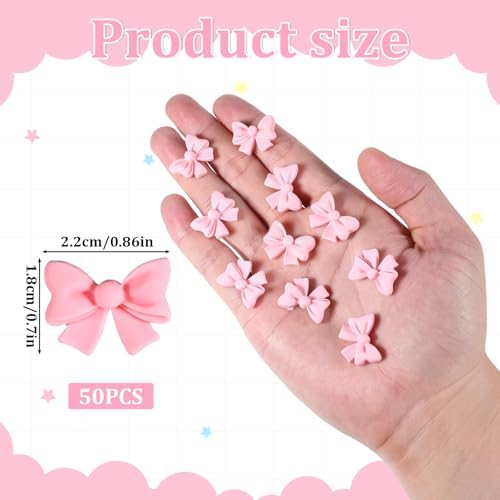 Bewudy 50Pcs Pink Bow Cupcake Toppers, Bowknot Cake Decorations Birthday Decorations for Theme Parties Bridal Engagement Wedding Baby Showers Birthday Party (Not Edible)
