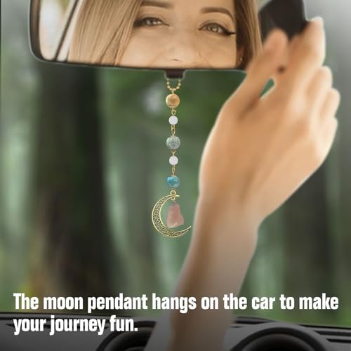 Sosolong Boho Moon Hanging Car Charm, Crystal Rearview Mirror Pendant, Car Decor for Women, Cute Ceramic Accessory