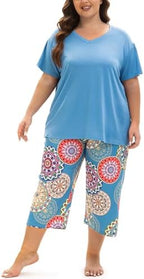 Plus Size Pajamas for Women Set, Womens Plus Size Short Sleeve V Neck Capri Pants Pajama Sets with Pockets