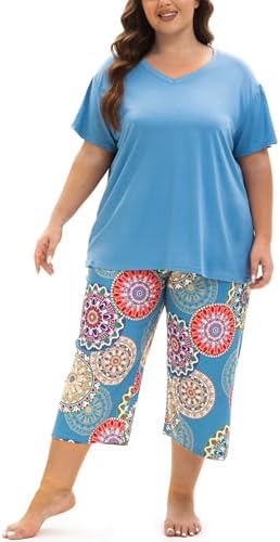 Plus Size Pajamas for Women Set, Womens Plus Size Short Sleeve V Neck Capri Pants Pajama Sets with Pockets