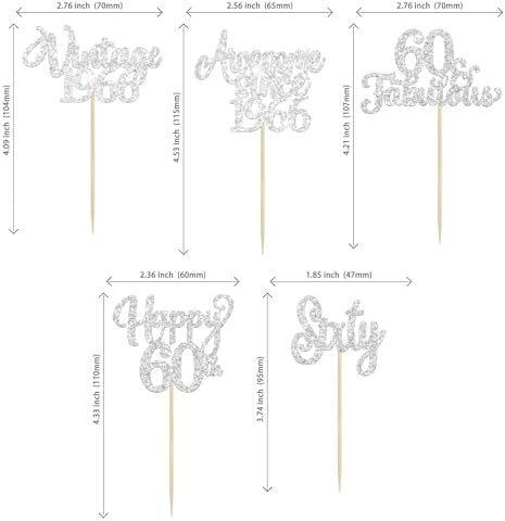 30Pcs Happy 60th Birthday Cupcake Toppers Glitter Sixty Vintage 1966 Cupcake Picks Cheers to 60 Fabulous Cake Decorations for 60th Birthday Wedding Anniversary Party Supplies Silver