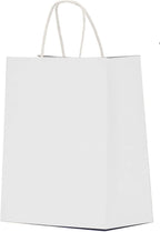 Qutuus 50 pcs White Paper Gift Bags with Handles 8x4.5x10 White Paper Bags for Party Favor, Shopping, Wedding, Retail, Recyclable Medium Gift Bags Bulk