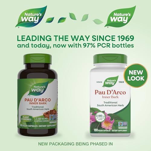 Nature's Way Pau d'Arco Inner Bark, Traditional South American Herb, 2,180 mg per 4-Capsule Serving, Non-GMO Project Verified, 180 Capsules (Packaging May Vary)
