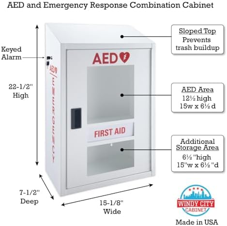 Automated External Defibrillator AED Cabinet with Alarm (9V Battery Not Included) & First Aid Kit Storage | Wall Mount Compatible, Steel | for Home, School, Business, Gym | AED Not Included