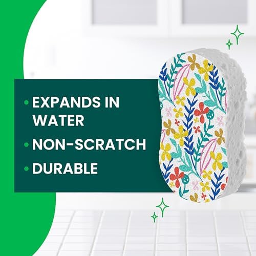 Scotch-Brite Pop Up Kitchen Sponges, Unique Compressed Kitchen Sponge for Cleaning Gently, Floral Pattern Dish Scrubber that Expands with Water, 3 Scrubbing Sponges
