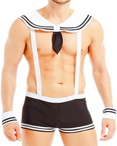Men’s Sexy Sailor Costume – Navy Captain Roleplay Outfit with Suspender Shorts, Collar, Cuffs & Hat – Nautical Theme Party, Cosplay, Clubwear, Bachelor Party, Mardi Gras Valentine's Day