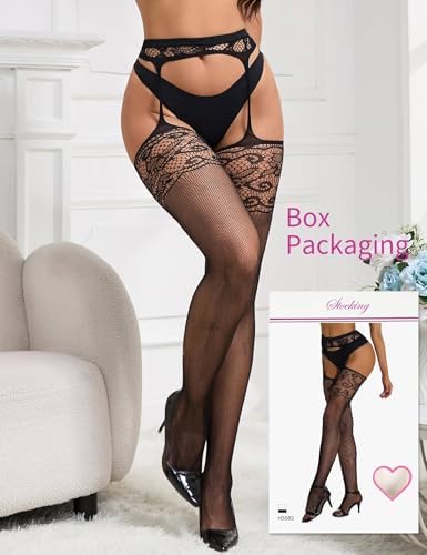ohyeah Suspender Pantyhose for Women Pattern Lace Fishnet Tights Thigh High Stockings with Garter Black Fishnet Leggings