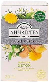 Ahmad Tea Herbal Tea, Ginger, Peppermint, Fennel, Dandelion, & Birch 'Detox' Teabags, 20 ct (Pack of 1) - Decaffeinated & Sugar-Free
