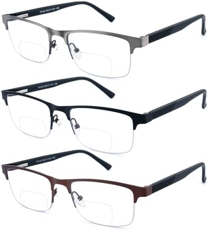 3 Pack Bifocal Reading Glasses for Men Metal Half Frame Bi-focal Readers Clear Top Far/Near Dual-use Eyeglasses,Black/Brown/Gun metal, +2.00