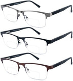 3 Pack Bifocal Reading Glasses for Men Metal Half Frame Bi-focal Readers Clear Top Far/Near Dual-use Eyeglasses,Black/Brown/Gun metal, +2.00