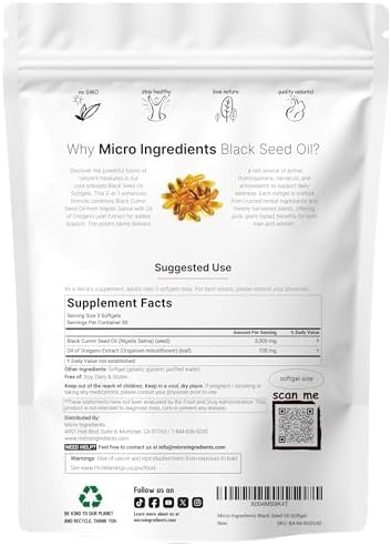 Micro Ingredients Black Seed Oil Softgels, 3,000mg, 240 Count | 2-in-1 Formula with Oil of Oregano, Carvacrol & Thymoquinone | Plant Based, Non-GMO