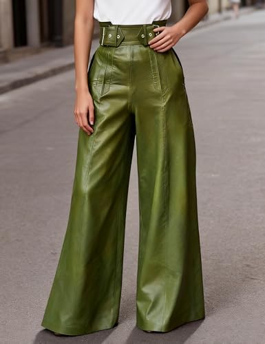 oshoplive Women's Faux Leather Pants PU High Waist Wide Leg Pants with Pockets Pleated Going Out Flare Trousers