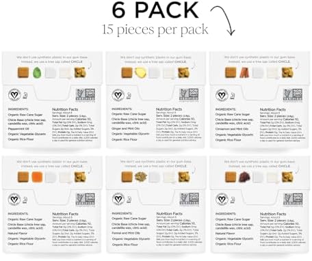 SIMPLY Gum Variety Pack (Assorted Flavors), Plastic-Free Natural Chewing Gum, 6 pack (90 pieces) | Vegan, Kosher, Non GMO, Aspartame Free and Sorbitol Free