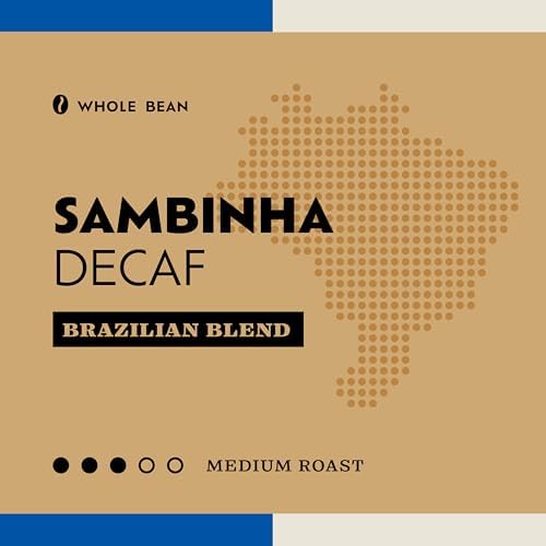 Casa Brasil Sambinha Decaf Coffee – Whole Bean, Medium Roast – Swiss Water Process – Chocolate, Almond, Nutmeg Notes – Caffeine-Free Brazilian Coffee – 12oz bag