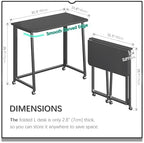 4NM 31.5" Mobile Small Folding Desk, Foldable Rolling Computer Home Office Desk, Study Writing Table for Small Space Saving Bedroom, with Wheels - All Black