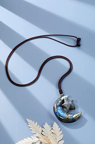 GEHECRST Labradorite Crystal Necklace for Women Natural Gemstone Carved Moon Star Healing Stone Energy Protection Adjustable Pendant Necklace Jewelry Gift for Mom Mothers Day