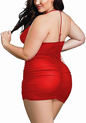 Plus Size Sheer Stretch Mesh Babydoll Dress Zipper Shirring Halter Chemise Curvy Sexy Lingerie for Women
