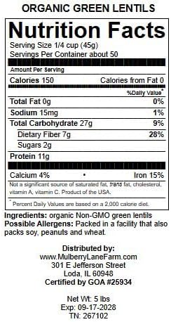 Green Lentils 5 Pounds Whole USDA Certified Organic, Non-GMO, Bulk, Product of USA, Mulberry Lane Farms