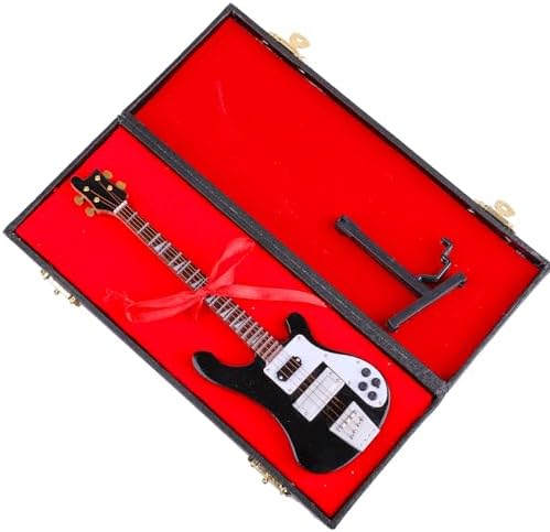 Wooden Miniature Electric Bass Guitar with Stand and Case Mini Musical Instrument Electric Bass Guitar Replica Collectible Figurines Model Home Decoration Birthday Gifts (7.87"x2.36"x0.35")