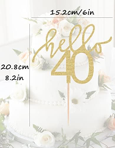 AHAORAY Hello 40 Cake Topper - Gold Glitter 40th Birthday Cake Decorations - 40 Wedding Anniversary Party Cake Decor