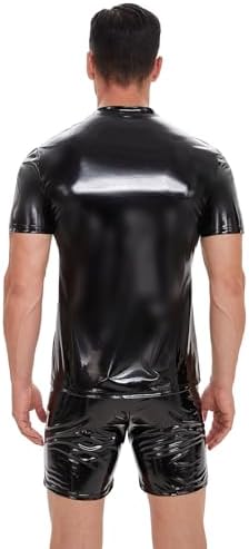 Men Shiny Leather T-Shirt, Wetlook, Short Sleeve, Glossy Latex Coat for Male