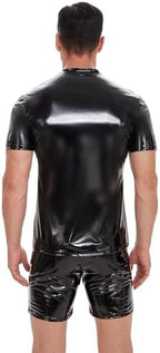 Men Shiny Leather T-Shirt, Wetlook, Short Sleeve, Glossy Latex Coat for Male