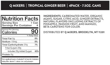 Q TROPICAL GINGER BEER with Real Ginger, Tropical Fruits & Organic Agave - Ideal for Cocktails & Mocktails - Real Ingredients & Perfectly Carbonated - 90 Calories per Can - 7.5 Fl Oz Cans (Pack of 24)