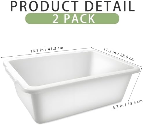 2 Pack Plastic Dish Pans, 12 Quarts White Rectangle Dishpan Basins, Large Capacity Wash Basin Tub with Handles for Kitchen Sink, Bathroom Washing, Soaking and Storage Supplies