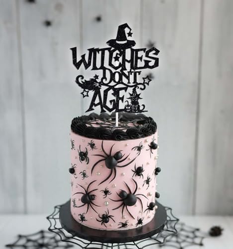 Witches Don’t Age Cake Topper, Halloween Witch Birthday Party Decoration Supplies, Gothic Witch Birthday Decoration, Halloween Girl Woman Happy Bday Decor Black Glitter