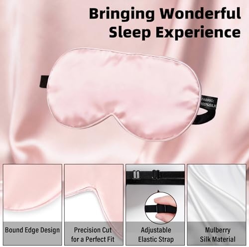 Silk Sleep Eye Mask for Kids, 100% Real Natural Pure Silk Sleeping Masks, Blindfold Sleep Eye Cover with Adjustable Strap, Soft & Lightweight Night Eyeshade for Boys Girls Teens (Pink)