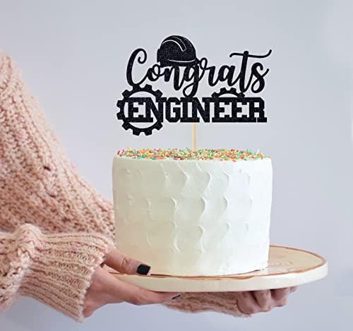 Congrats Engineer Cake Topper, Future Engineer Decor, Class of 2026 Engineer Graduation Party Decoration Supplies Black Glitter