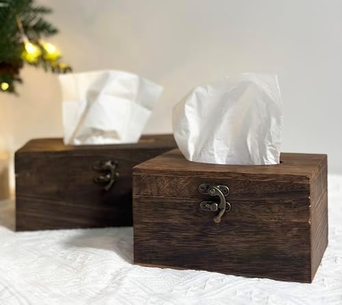Wooden Tissue Box Cover Kleenexes Box Holder Rectangular Tissue Box Napkin Dispenser for Bathroom Office Living Room Dinner Table (Brown Small)