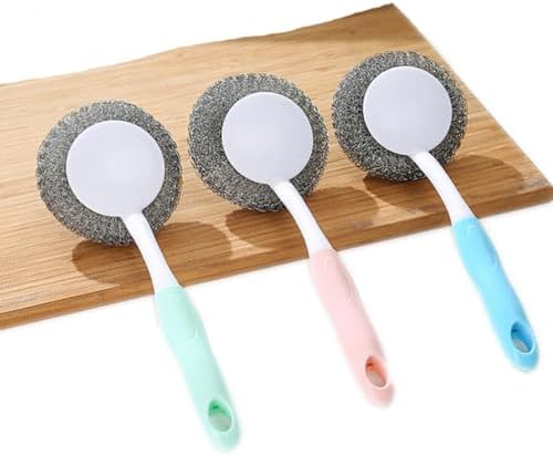 Healeved Wire Brush Cleaning Ball with Handle 9.84X3.54X0.39 Inch Ergonomic Kitchen Dishwashing Brush for Pots Pans Glasses Steel Scrubber
