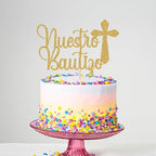 Glitter Nuestro Bautizo Cake Topper - Mi Bautizo Baptism Cake Pick Topper, Cross First Holy Communion Baby Shower Party Decorations Gold
