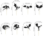 Arthsdite 24 Pcs Dragon Cupcake Toppers Cake Picks Cool Dinosaur Cupcake Topper for Dragon Themed Party Kids Birthday Party Christmas Fantasy Themed Party Decoration Baby Shower - Black Glitter