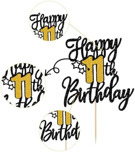 1 PCS Happy 11th Birthday Cake Topper Black Gold Glitter Hello Eleven Cheers to 11 Years Cake Pick Happy 11th Birthday Cake Decoration for 11 Fabulous Theme Anniversary Party Decorations Supplies