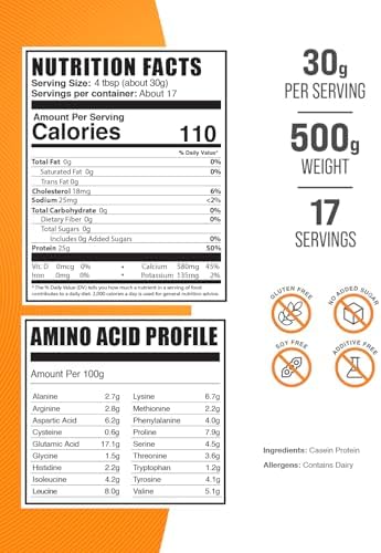 BulkSupplements.com Casein Protein Powder - Micellar Casein Powder, Slow Digesting Protein - Unflavored & Gluten Free, 30g per Serving, 500g (1.1 lbs) (Pack of 1)