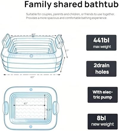 Double Inflatable Bathtub for 2 Person with Electric Air Pump, Portable 2-Seat Blow Up Bath Tub for Adults, Foldable Spa Tub for Outdoor & Indoor Use, Includes Bath Pillow, Drain & Cup Holder, Blue