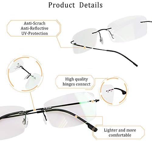 LifeArt Blue Light Blocking Computer Reading Glasses,Men's and Women's Rimless Frame (Black, +1.50 Magnification)