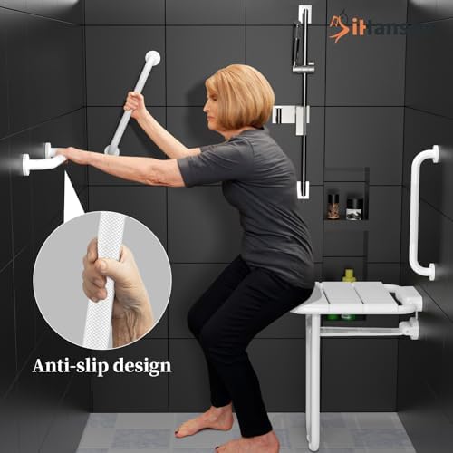 Folding Shower Seat Wall Mounted - 500 Lbs Capacity - 14x16'' Stainless Steel Shower Bench w/ 16'' Grab Bar for Inside Shower Bathtub, Heavy Duty Anti-Slip Fold Down Shower Chair for Elderly/Disabled