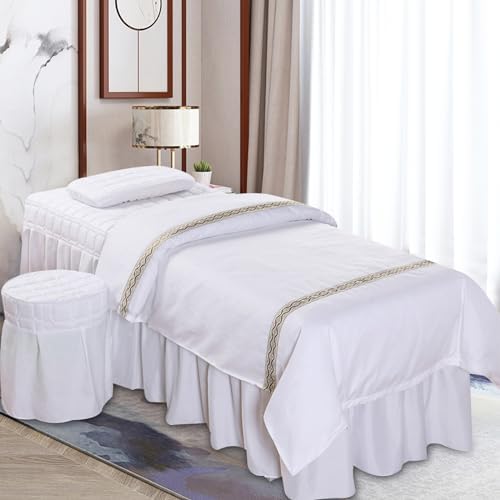 White Massage Bed Sheet Set 6 Pcs with Bed Skirt, 185x70cm Salon Bedding Set Includes Quilt Cover Pillow Case Stool Cover Free Filler, Spa Bedding for Massage Beauty Shop