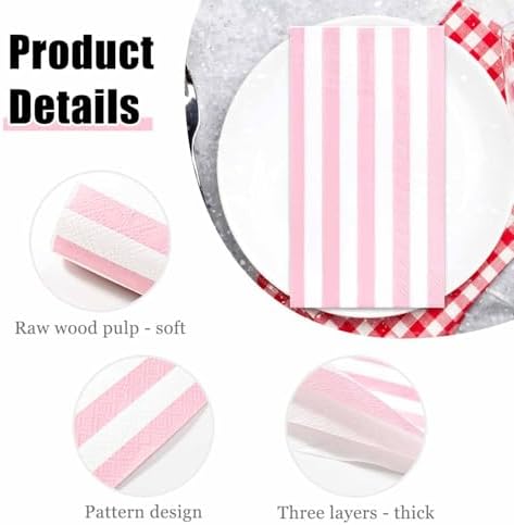 HEIPINIUYE 50 Pieces 3-ply Striped Paper Napkins Light Pink and White Guest Towels Disposable Hand Towels for Bathroom Wedding Birthday Baby Shower Dinner Napkins Disposable