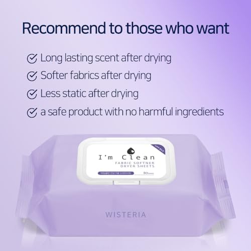 I'm Clean Laundry Dryer Sheets, 160 Sheets Total (80ct x 2), Elegant Wisteria Scent, Moist Fabric Softener Sheets for Deodorization & Static Control