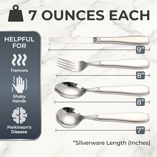 Weighted Utensils for Tremors and Parkinsons, Heavy Weight Stainless Steel Silverware Set, Adaptive Eating Flatware Helps Hand Tremors, Parkinsons Aids for Living, Arthritis - Knife, Fork, Spoons, 7oz