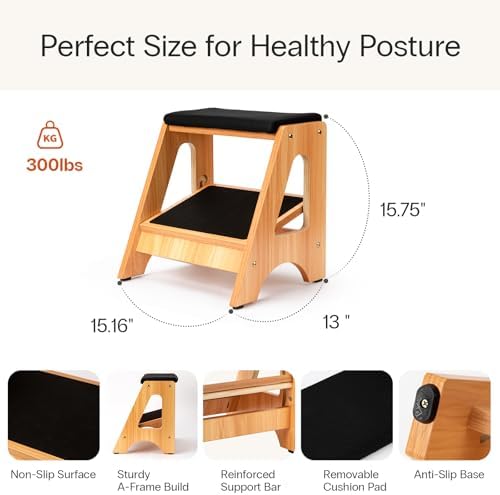 StrongTek Double Step Footrest, Adjustable Wooden Foot Stool with 3 Height Levels, Cushioned Top & Non-Slip Base, Ergonomic Under Desk Leg Rest for Office Home