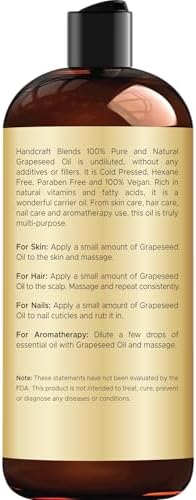 Handcraft Blends Grapeseed Oil | 100% Pure and Natural | Bath & Body Oil | Premium Grade Carrier Oil | Skin | Hair | Body | Massage | Cold-Pressed | Hexane-Free | 16 Fl Oz