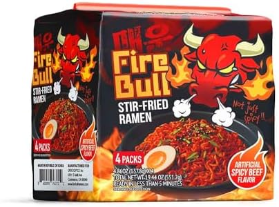 [Fire Bull Ramen] Intense Spicy Stir-Fried Ramen | Authentic Korean Heat Meets Flavorful Delight | Thick, Chewy Noodles | Quick & Easy Meal (4 Pouches)