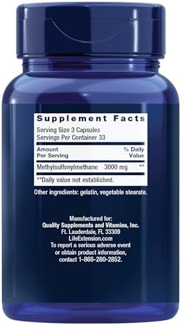 Life Extension MSM, 1000 mg, methylsulfonylmethane, Supports Healthy Joints, antioxidant Support, Gluten-Free, Non-GMO, 100 Capsules