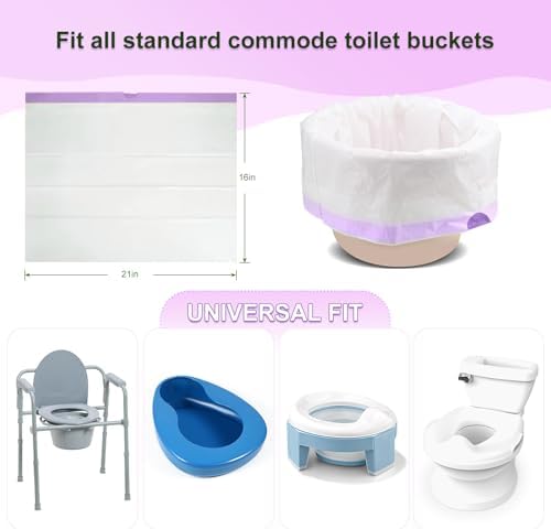 Commode Liners with Absorbent Pads, 100 Count Lavender Scented Bags and 100 Commode Pads, Leak-Proof & Extra Thick, Disposable, Universal Fit for Bedside Commode, Portable Toilet Chair